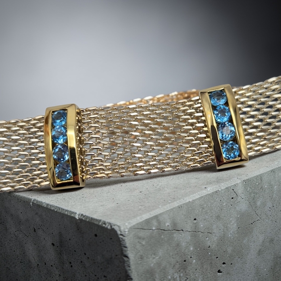 Sterling Vermeil Blue Topaz Mesh Bracelet 6.75” 925 Thailand Estate - Picture 4 of 9